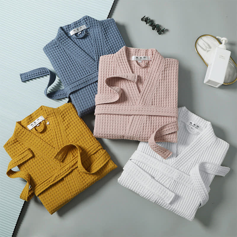 Accappatoio Unisex in Cotone a Coste con Scollo a V – Vestibilità Ampia, Tinta Unita, Assorbente, Traspirante, Confortevole con Cintura, Perfetto per Tutte le Stagioni