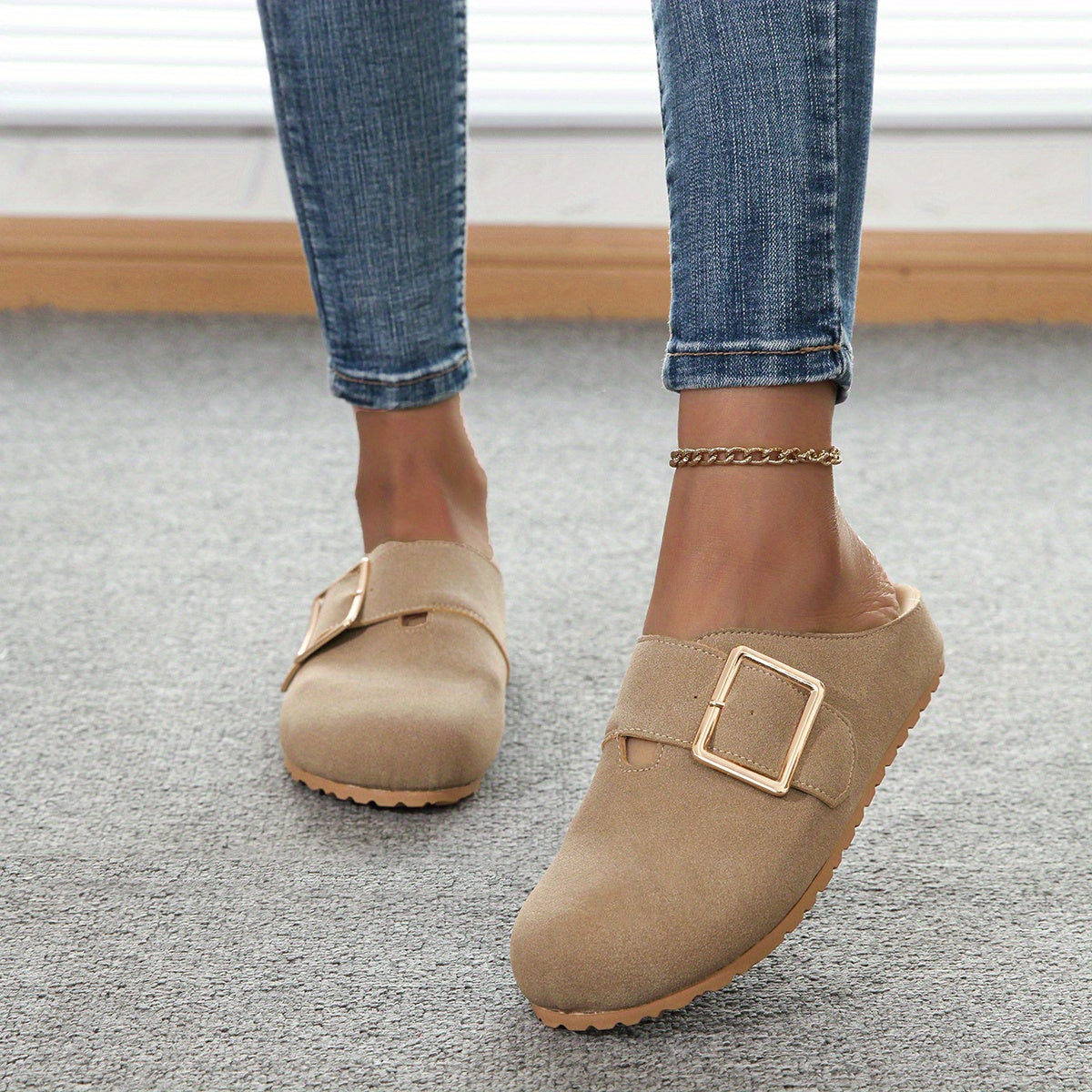 Mules slip-on da donna - Tomaia in tessuto confortevole con cinturino con fibbia in metallo, morbida soletta in PU e suola in PVC resistente - Scarpe casual per tutte le stagioni, facili da pulire, eleganti | Comfort garantito