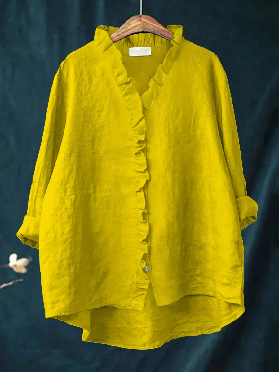 Camicia da donna in lino e cotone con volant e bottoni – Top estivo leggero