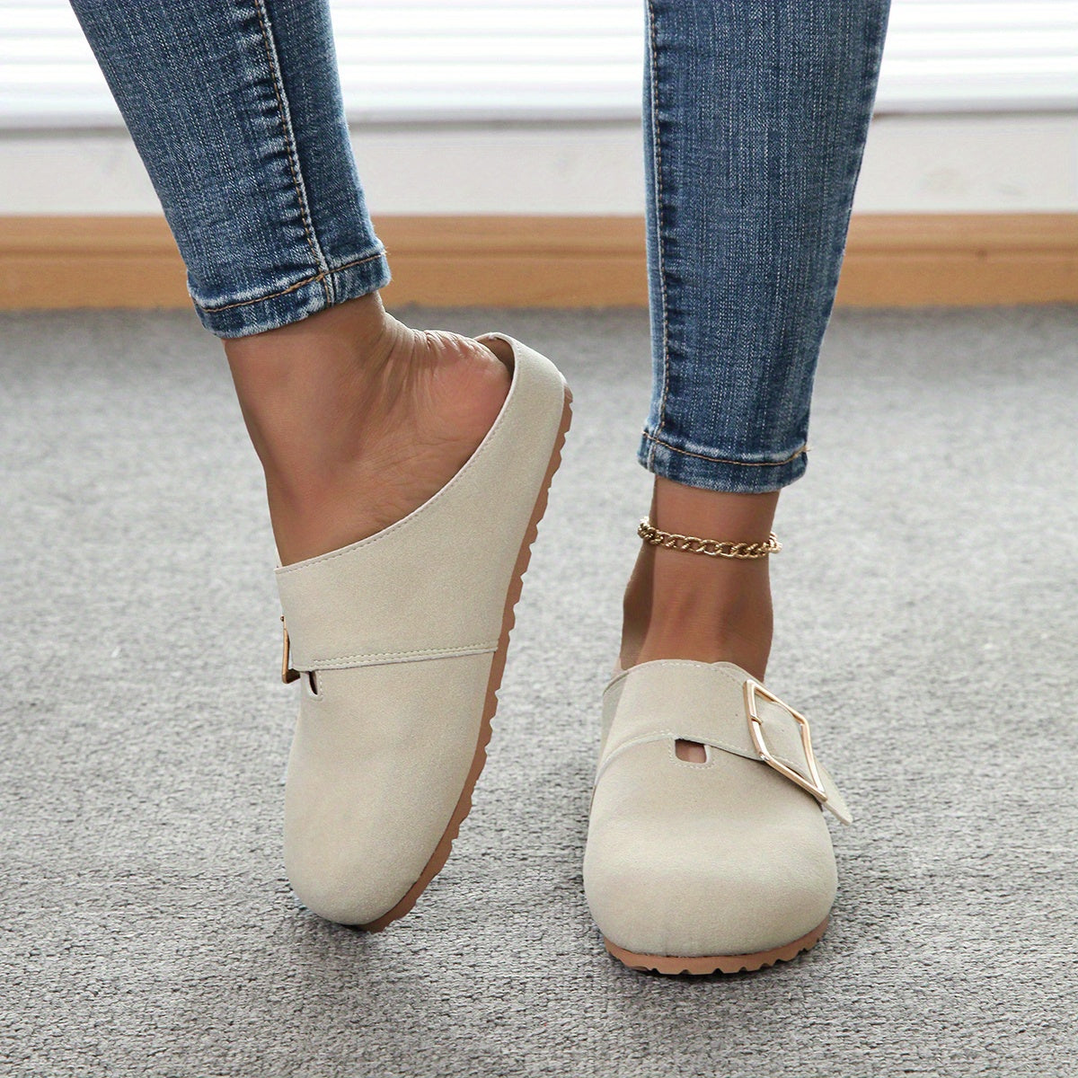 Mules slip-on da donna - Tomaia in tessuto confortevole con cinturino con fibbia in metallo, morbida soletta in PU e suola in PVC resistente - Scarpe casual per tutte le stagioni, facili da pulire, eleganti | Comfort garantito