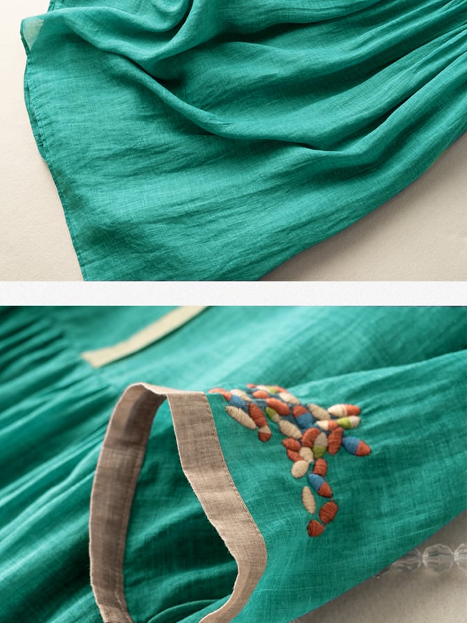 Abito da donna - Abito in cotone e lino ricamato con design etnico e vestibilità comoda
