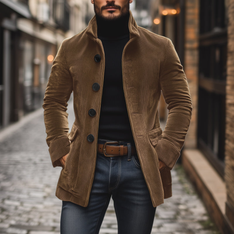 Cappotto corto da uomo in velluto a coste slim fit con collo alto