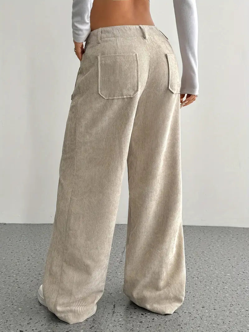 Pantaloni casual da donna a coste e vita alta | Gamba larga