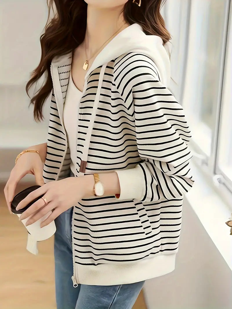 Giacca leggera a righe con cappuccio da donna - Abbigliamento casual comodo