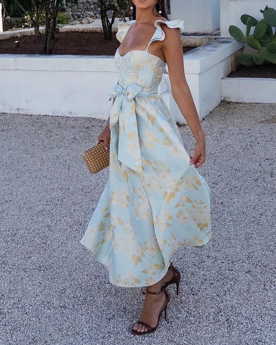 Abito midi da donna con fiocco e spalline arricciate