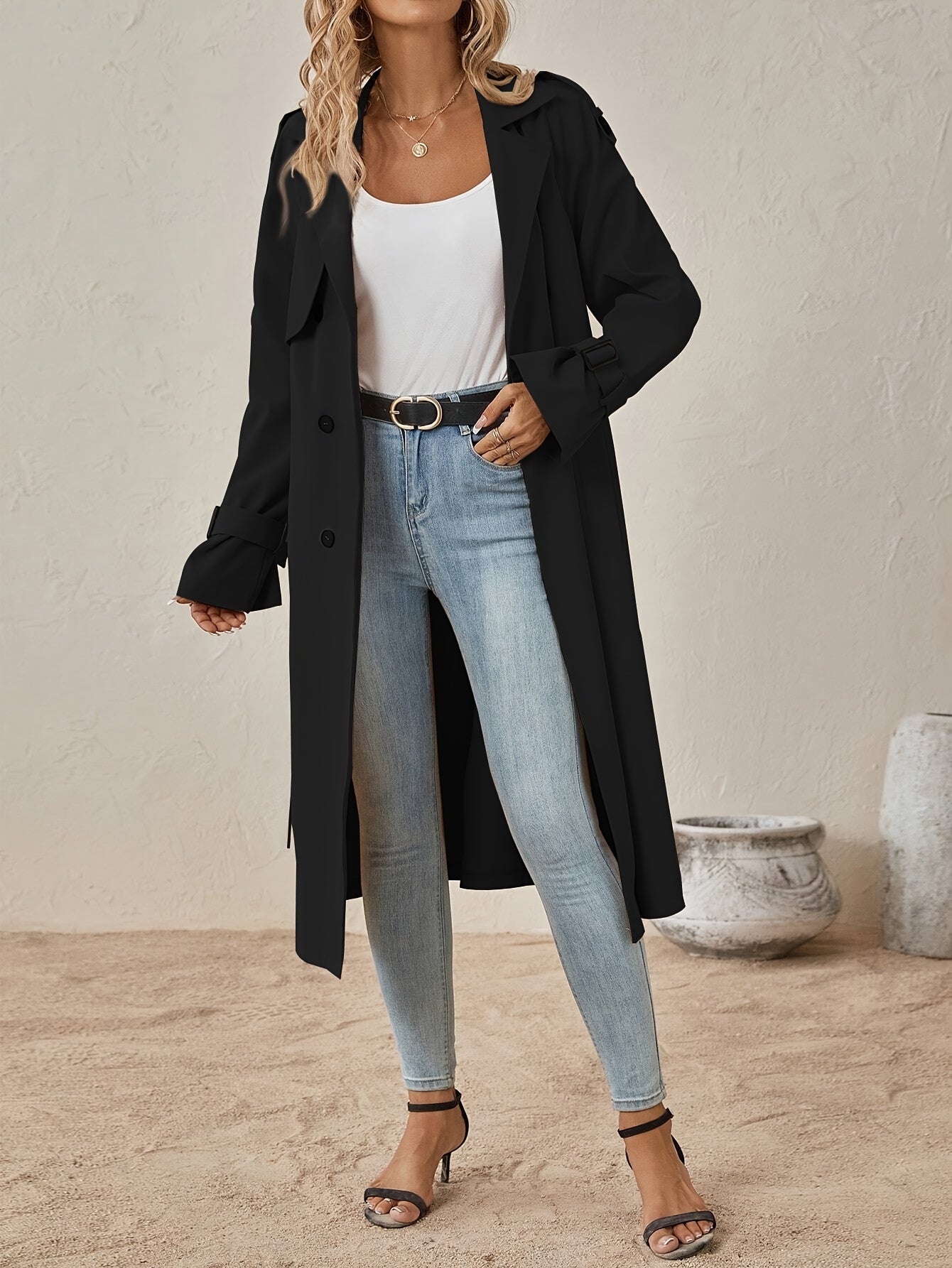 Trench lungo ed elegante in misto cotone da donna - perfetto per l'uso quotidiano