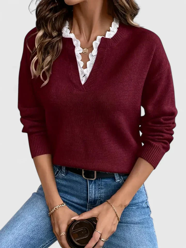 Maglione lavorato a maglia con scollo a V da donna - Maglione casual a maniche lunghe