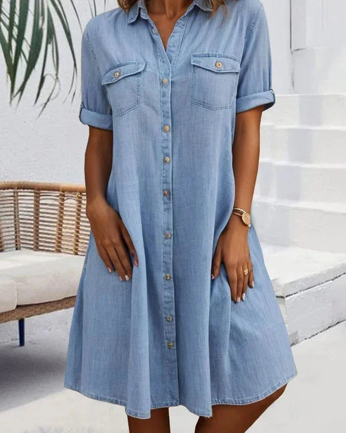 Elegante vestito camicia midi in denim da donna – Abito casual leggero da tutti i giorni