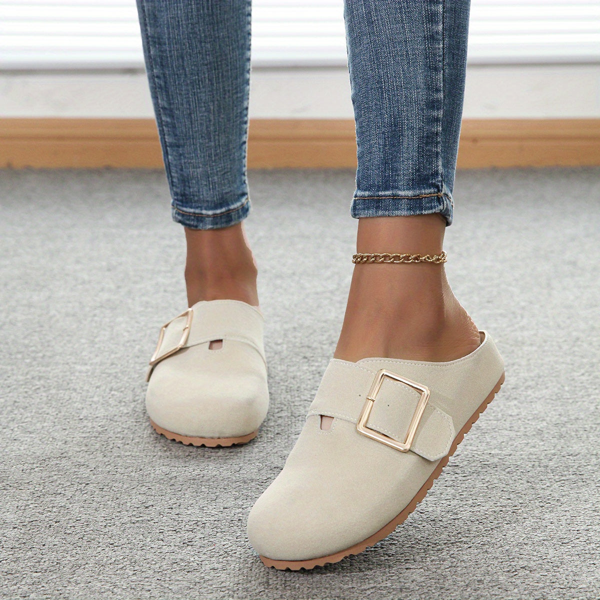 Mules slip-on da donna - Tomaia in tessuto confortevole con cinturino con fibbia in metallo, morbida soletta in PU e suola in PVC resistente - Scarpe casual per tutte le stagioni, facili da pulire, eleganti | Comfort garantito