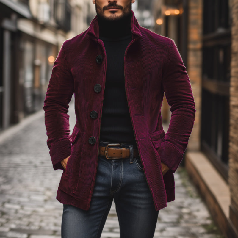 Cappotto corto da uomo in velluto a coste slim fit con collo alto