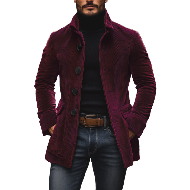 Cappotto corto da uomo in velluto a coste slim fit con collo alto