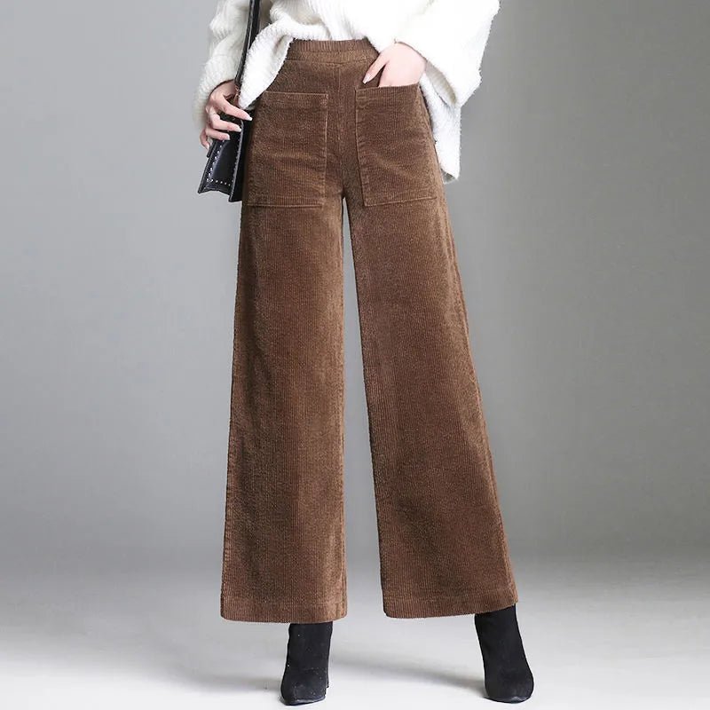 Pantaloni Eleganti a Gamba Larga in Velluto a Coste per Donne