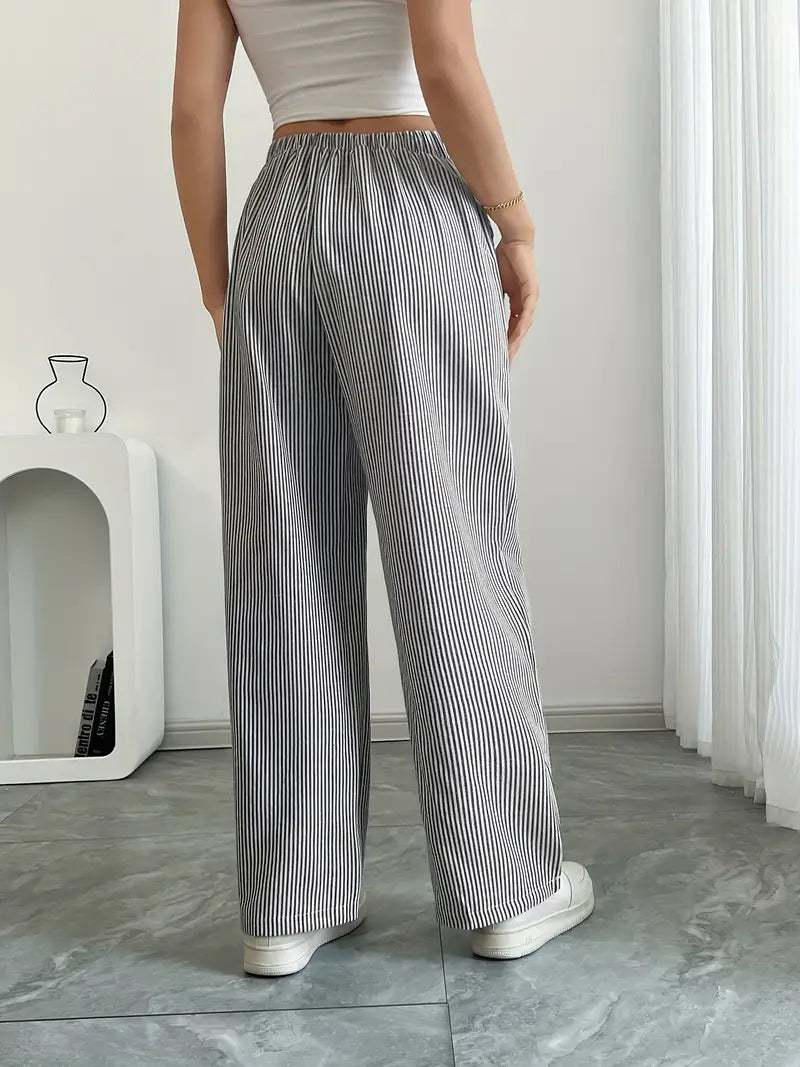 Pantaloni a gamba larga a righe casual da donna, eleganti e larghi - Pantaloni estivi leggeri e traspiranti con tasche