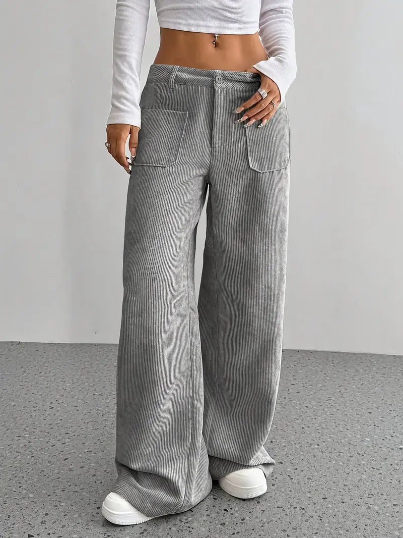 Pantaloni casual da donna a coste e vita alta | Gamba larga