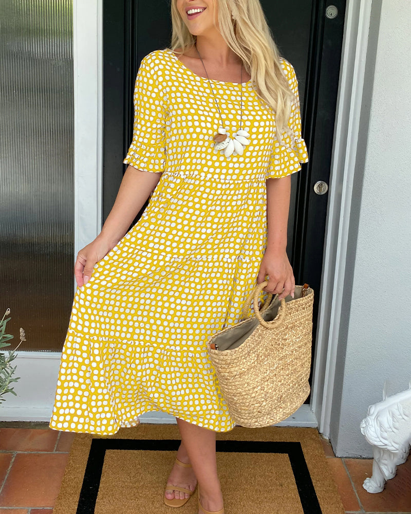 Abito midi da donna con scollo tondo e stampa a pois