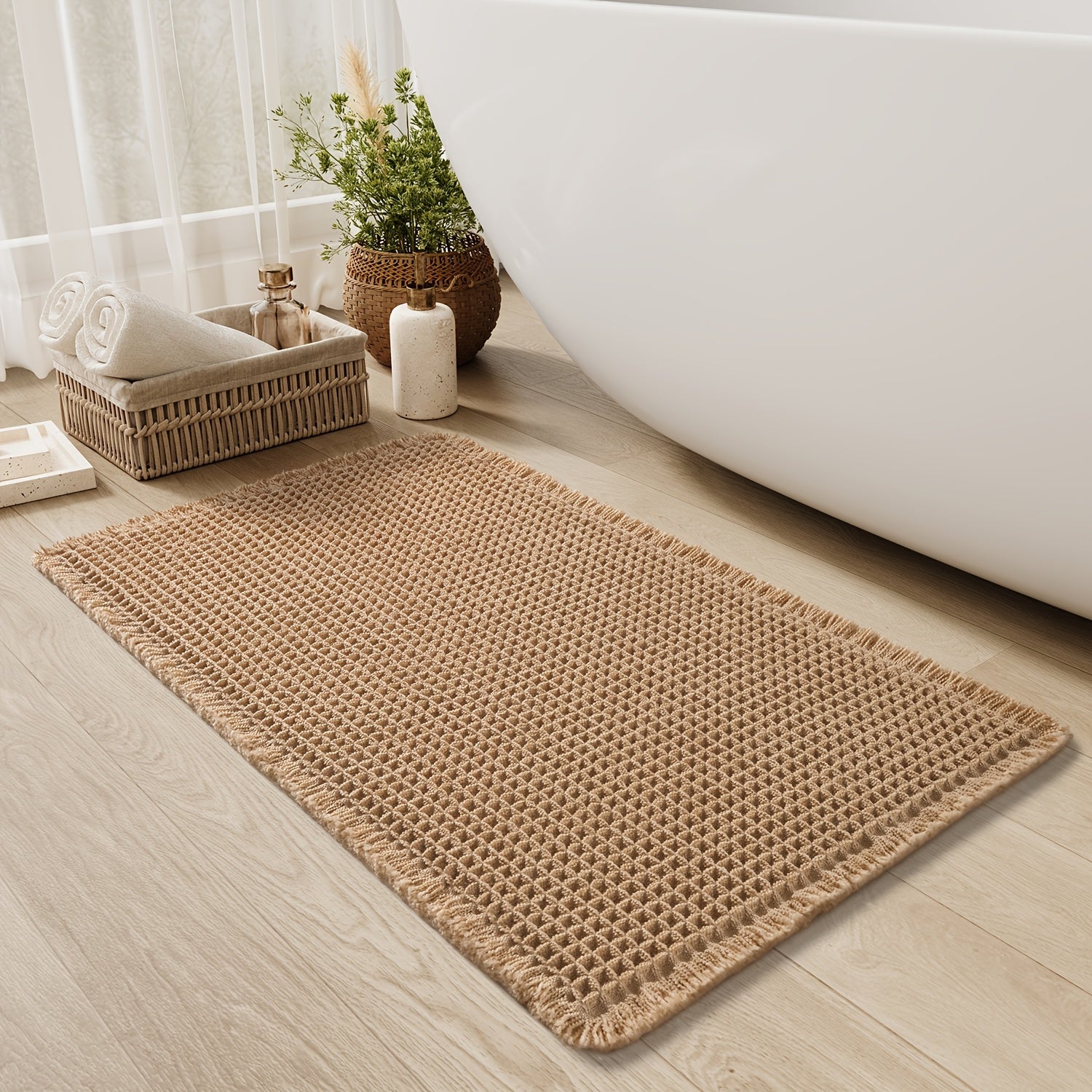 Tappetino da bagno a nido d'ape ultra assorbente - Tappetino antiscivolo con frange, asciugatura rapida e morbido per doccia, vasca da bagno e arredamento per il bagno
