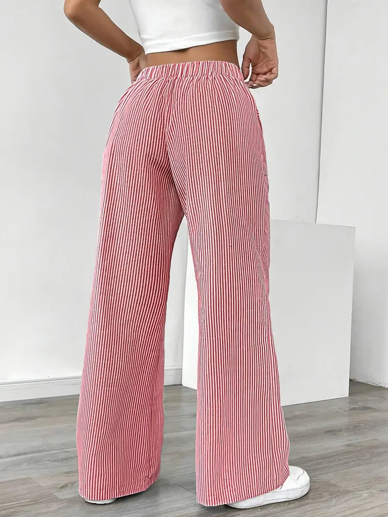 Pantaloni a gamba larga a righe casual da donna, eleganti e larghi - Pantaloni estivi leggeri e traspiranti con tasche