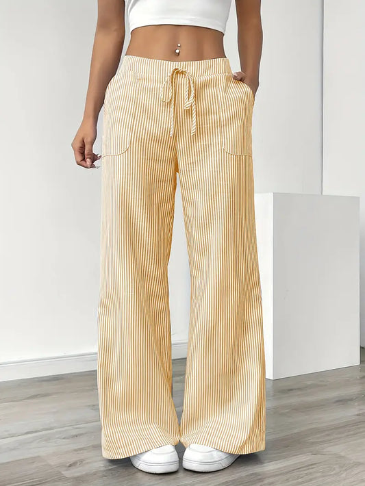 Pantaloni a gamba larga a righe casual da donna, eleganti e larghi - Pantaloni estivi leggeri e traspiranti con tasche