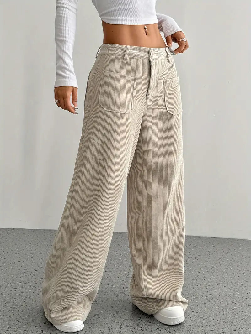 Pantaloni casual da donna a coste e vita alta | Gamba larga