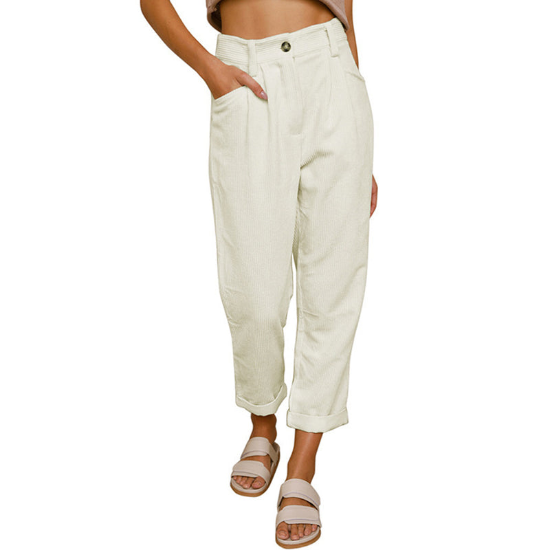 Pantaloni da donna alla moda a coste e vita alta - Comodi