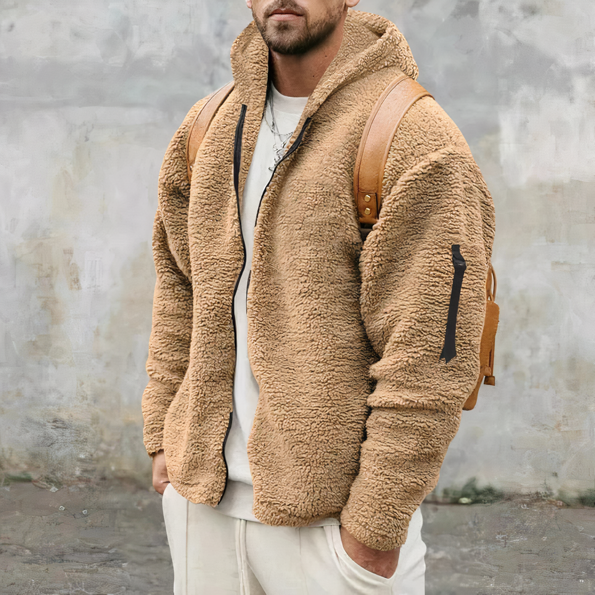 Giacca con cappuccio in sherpa da uomo - Cappotto invernale spesso con cerniera