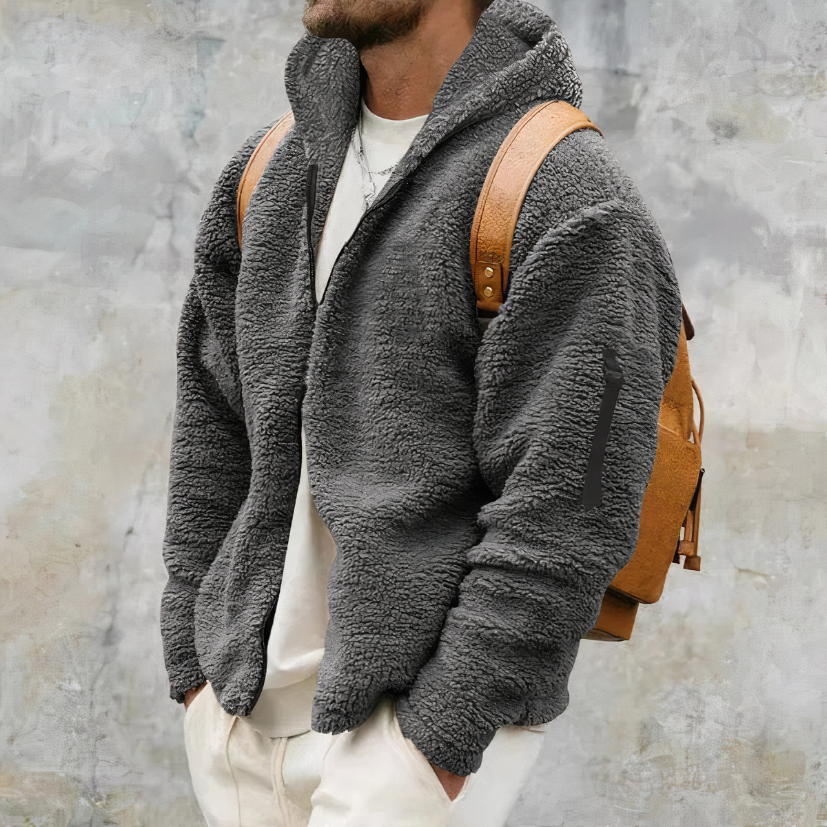 Giacca con cappuccio in sherpa da uomo - Cappotto invernale spesso con cerniera