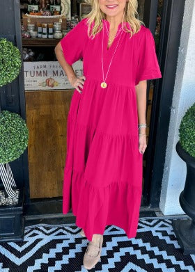 Lang afslappet kjole med flæser til kvinder – Kortærmet kjole med V-hals og lommer