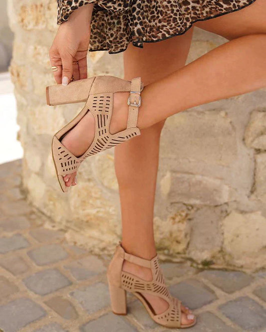Eleganti sandali Marrone con tacco a blocco aperto da donna - Comodità e stile per l'estate, disponibili in beige