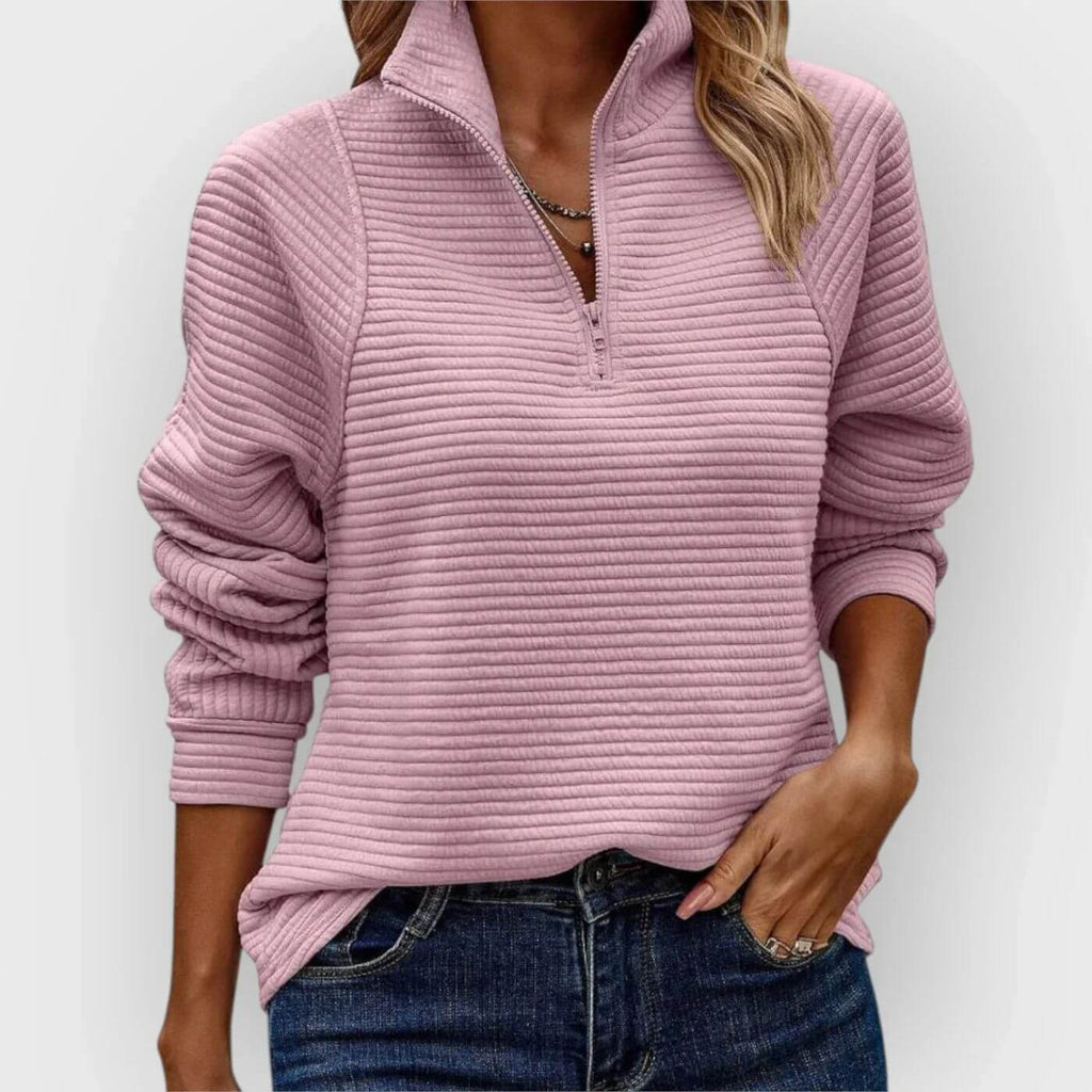 Ribstrikket damepullover med halv lynlås – Elegant strikket pullover med V-hals