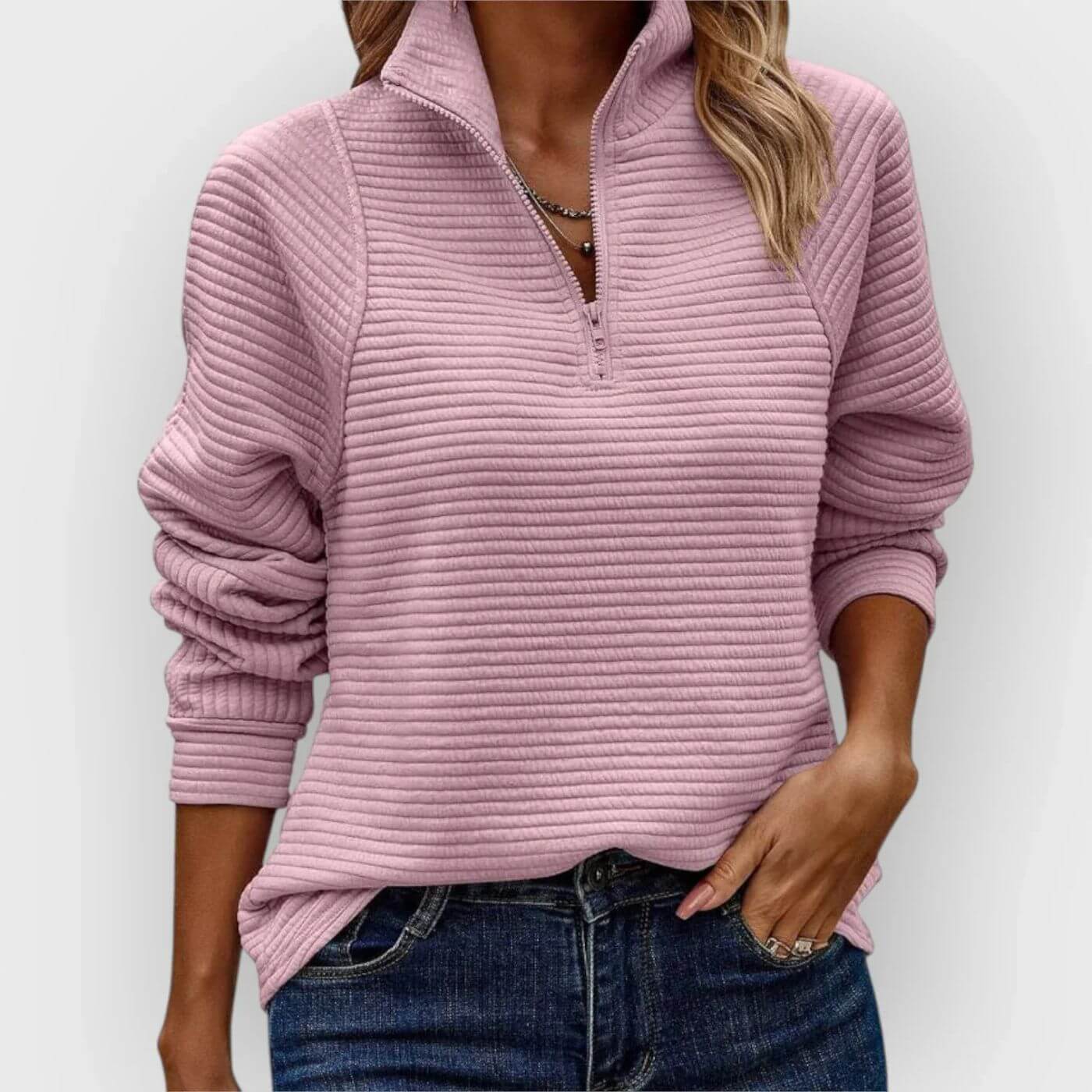 Maglione a coste con mezza cerniera da donna – Elegante maglione a maglia con scollo a V