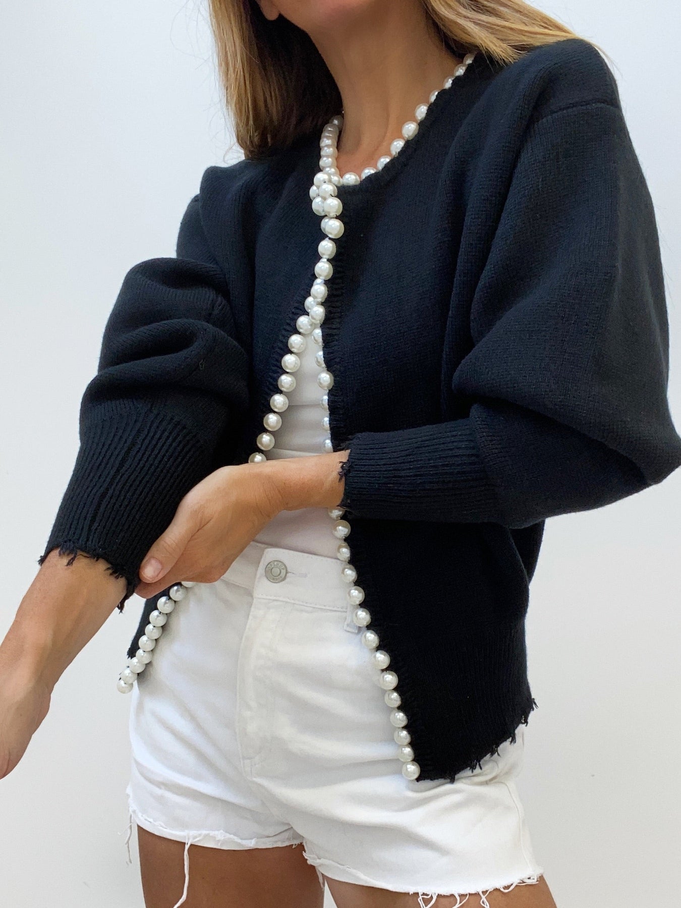 Cardigan da donna in maglia impreziosito da perle – Elegante maglia a maniche lunghe in misto cotone