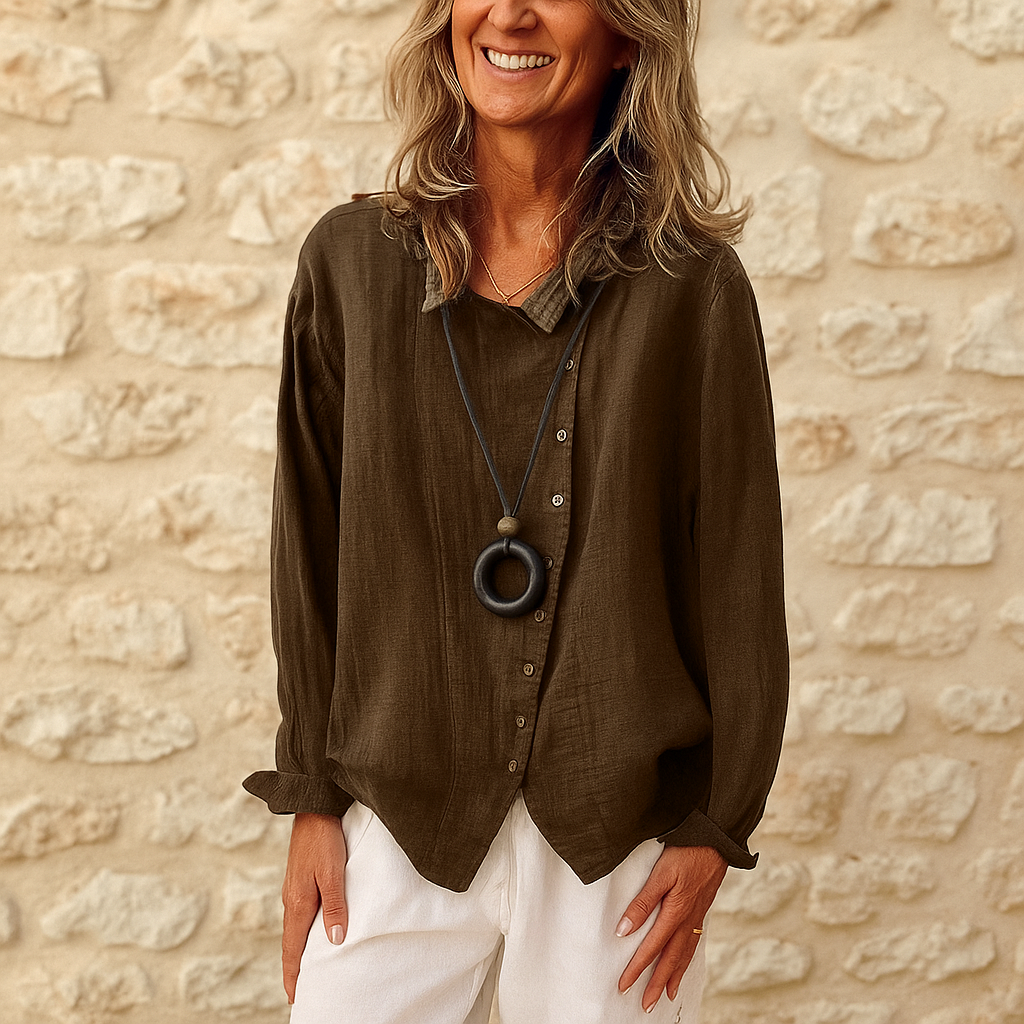 Camicetta donna elegante con scollo a V e maniche lunghe – look rilassato