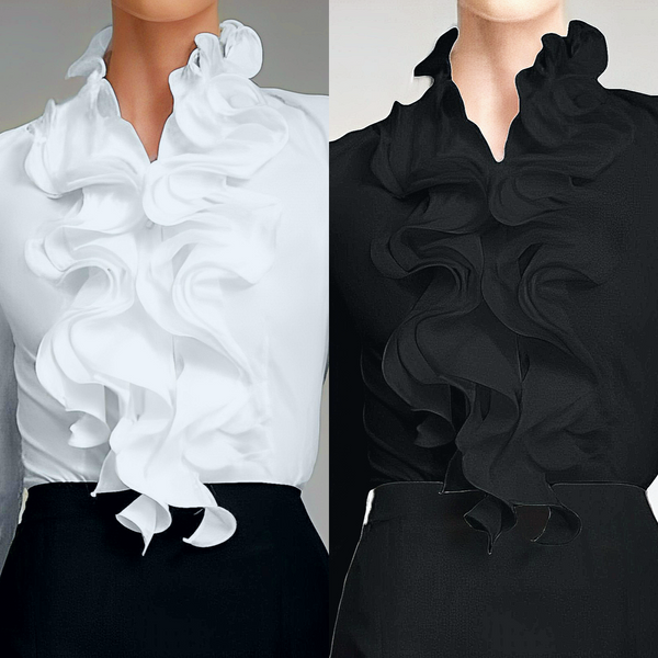 Elegante camicetta da donna con colletto arricciato – Camicia a maniche lunghe con collo alto