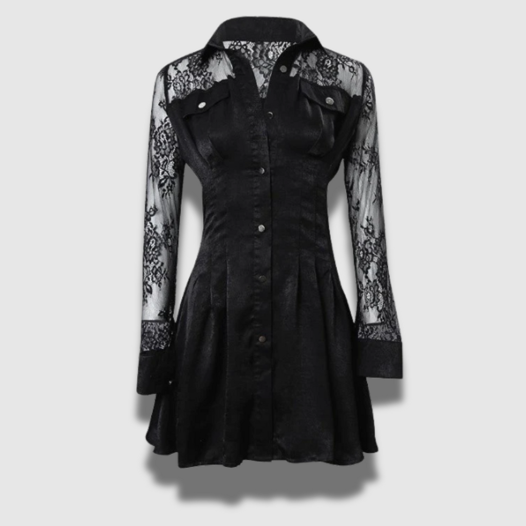 Mini abito donna raffinato in pizzo nero a maniche lunghe