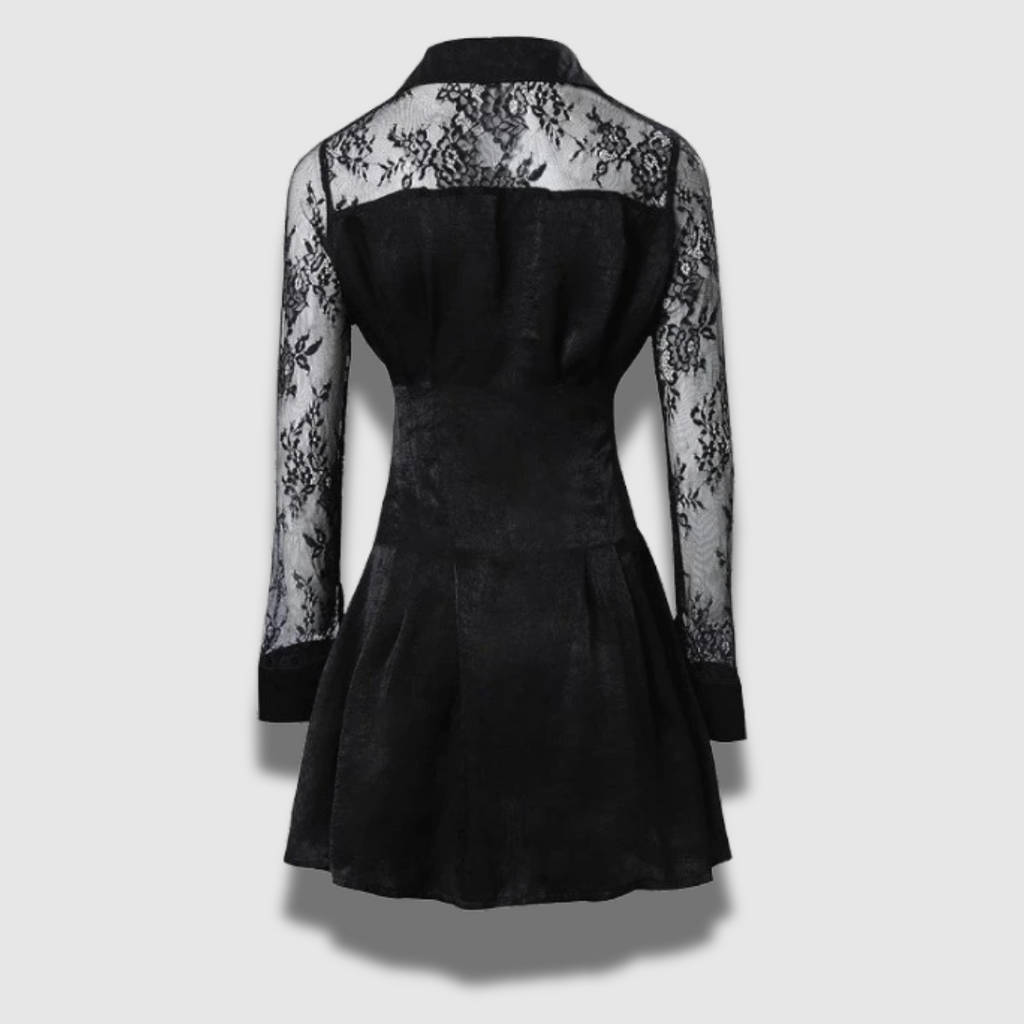 Mini abito donna raffinato in pizzo nero a maniche lunghe