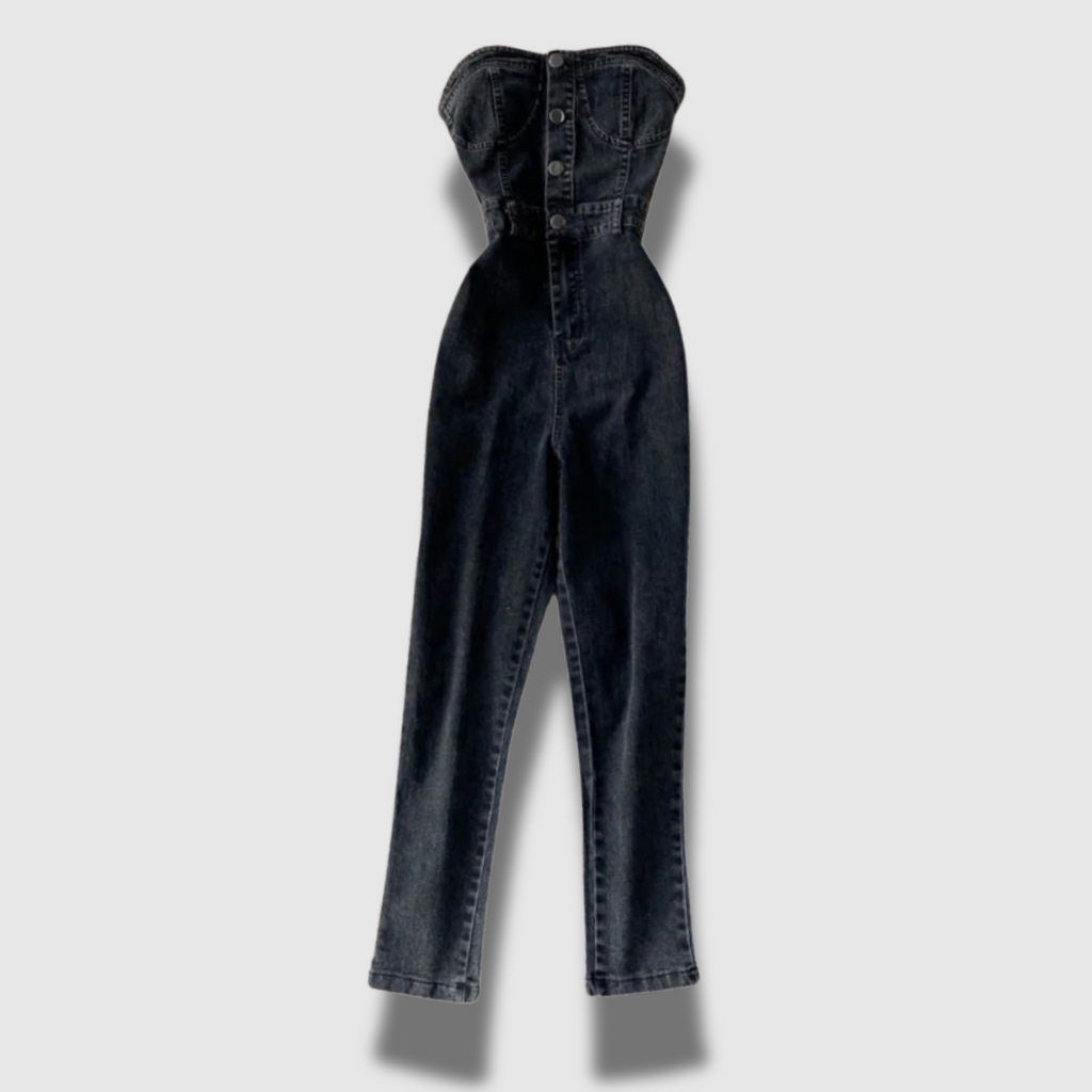 Tailleur donna premium senza spalline in denim a gamba larga