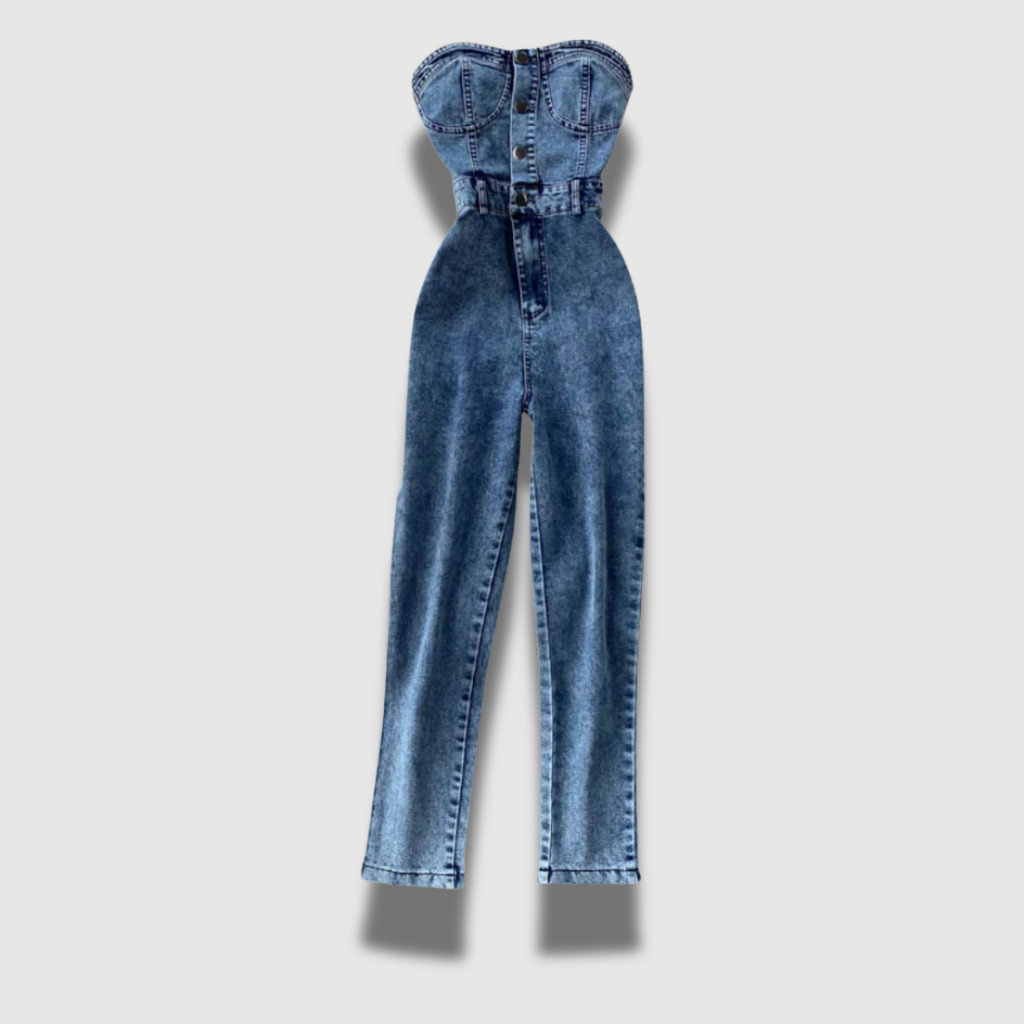 Tailleur donna premium senza spalline in denim a gamba larga