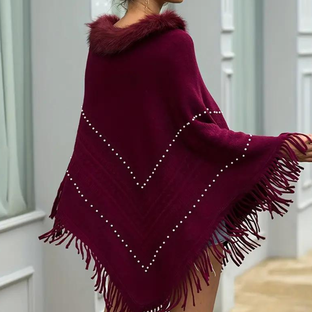 Poncho rosso da donna in maglia - elegante con dettagli raffinati