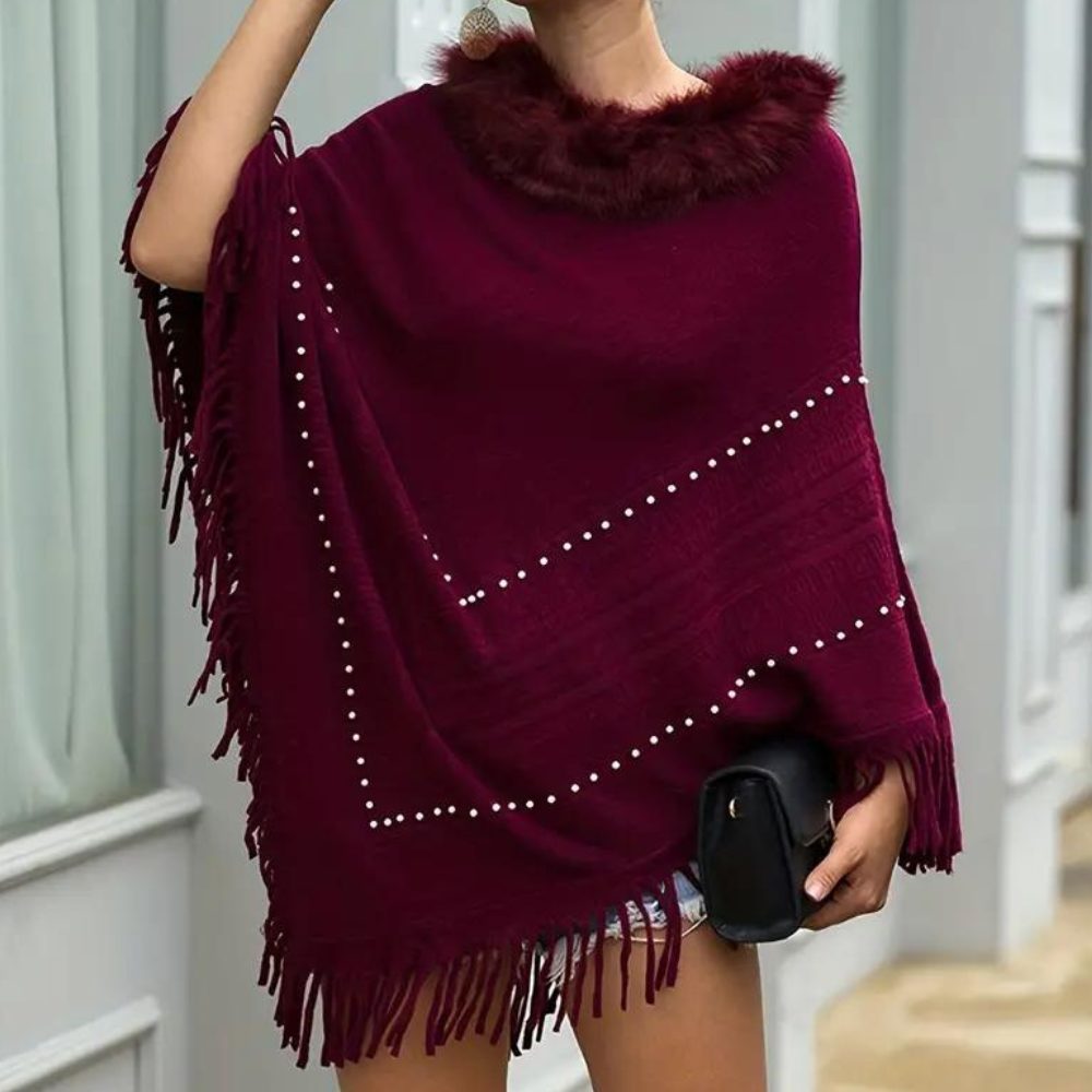 Poncho rosso da donna in maglia - elegante con dettagli raffinati