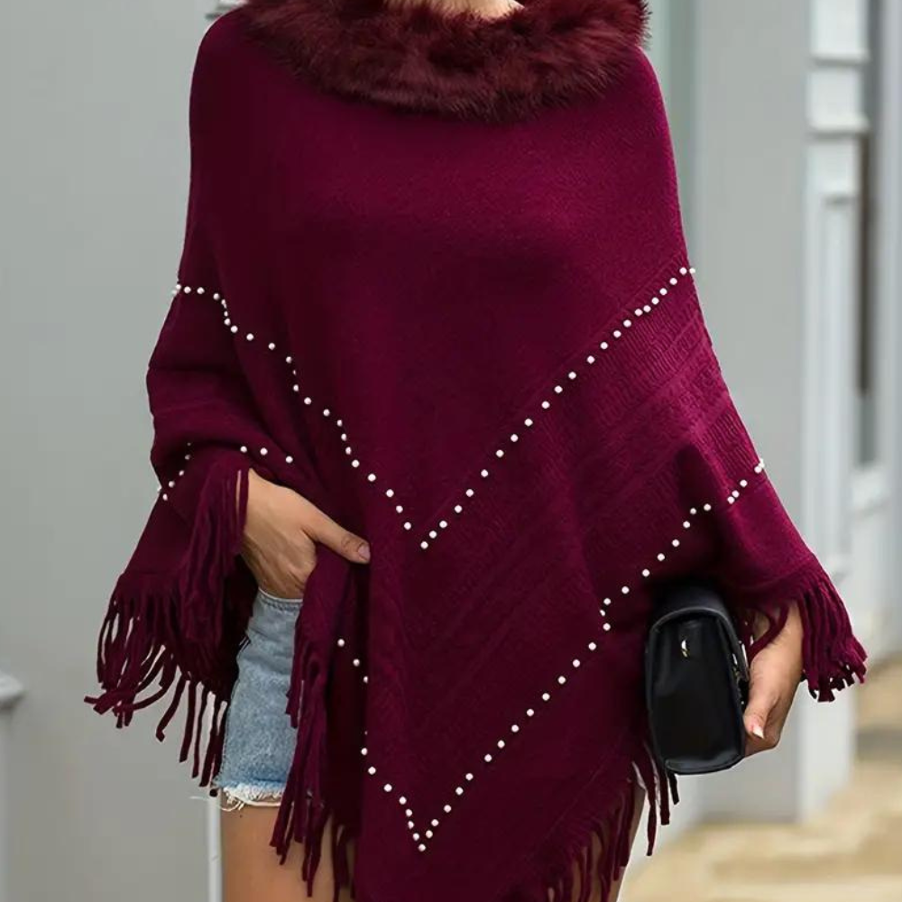 Poncho rosso da donna in maglia - elegante con dettagli raffinati
