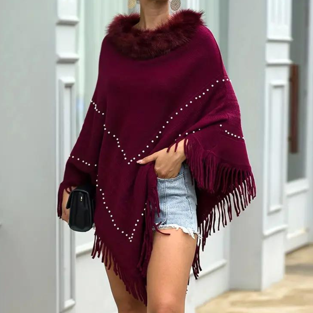 Poncho rosso da donna in maglia - elegante con dettagli raffinati