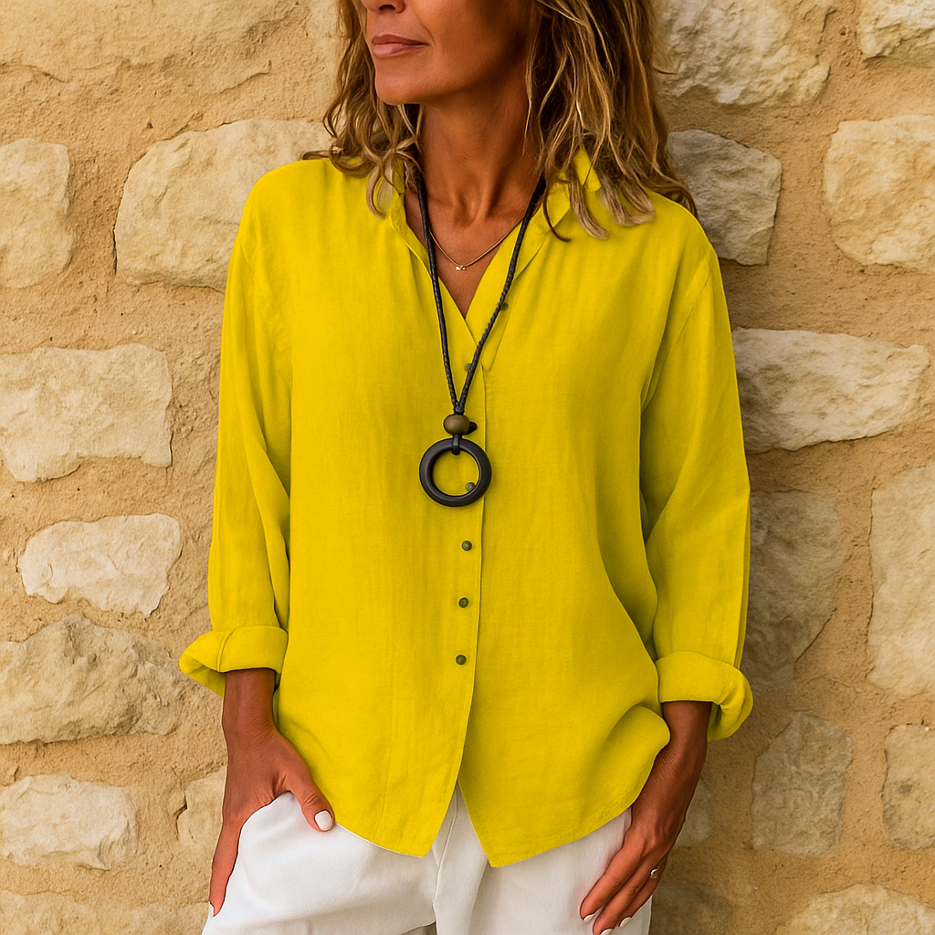 Camicetta donna elegante con scollo a V e maniche lunghe – look rilassato