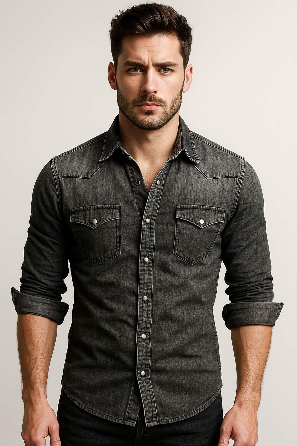 Camicia in denim slim fit da uomo con bottoni automatici