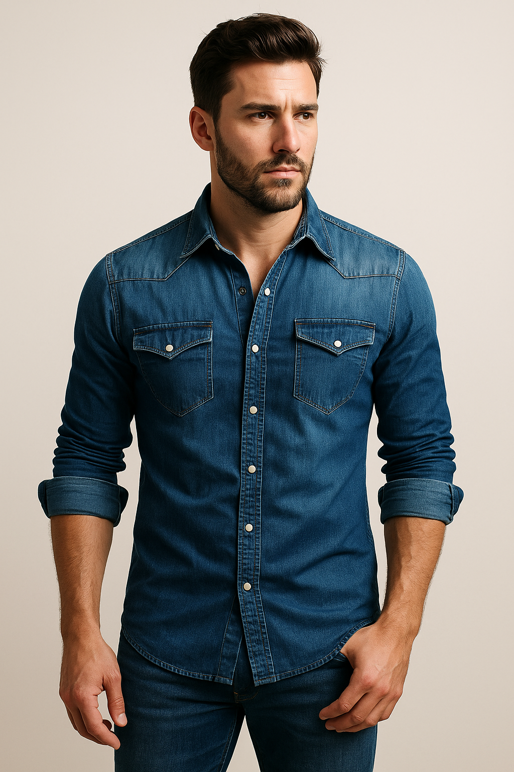 Camicia in denim slim fit da uomo con bottoni automatici