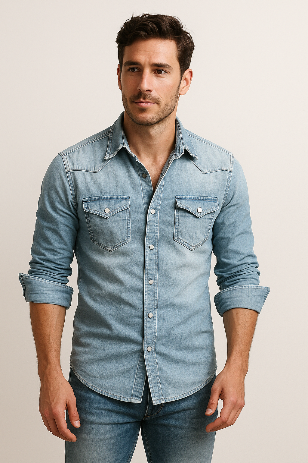 Camicia in denim slim fit da uomo con bottoni automatici