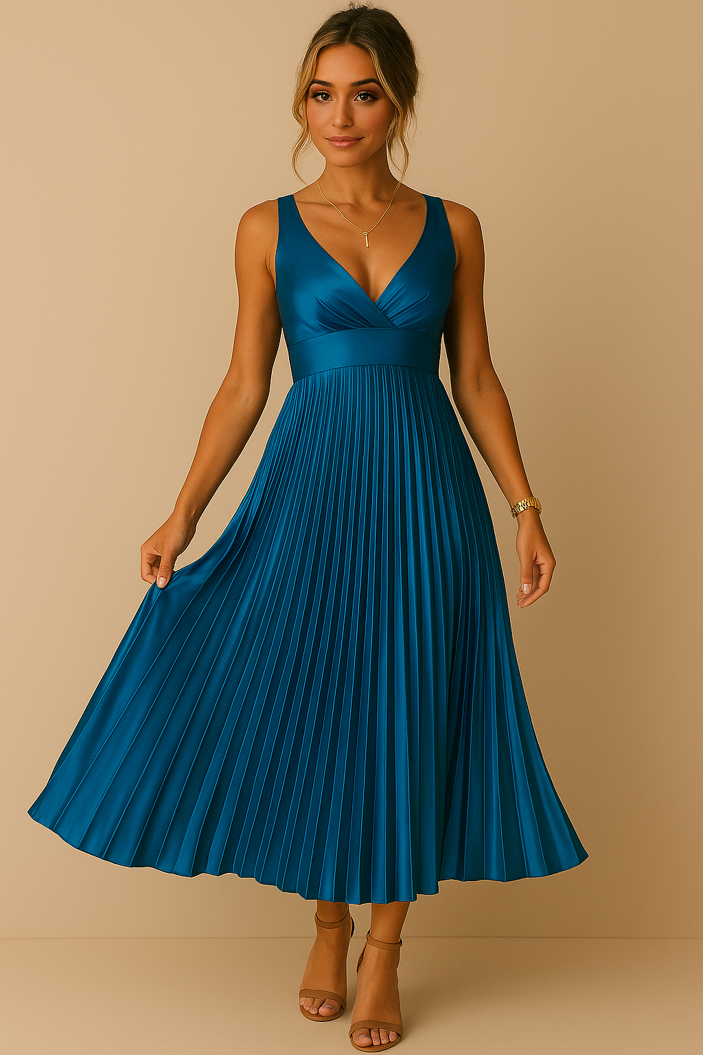 Abito lungo elegante senza maniche con scollo a V da donna - Abito da sera leggero con schiena scoperta e plissettato per eventi formali