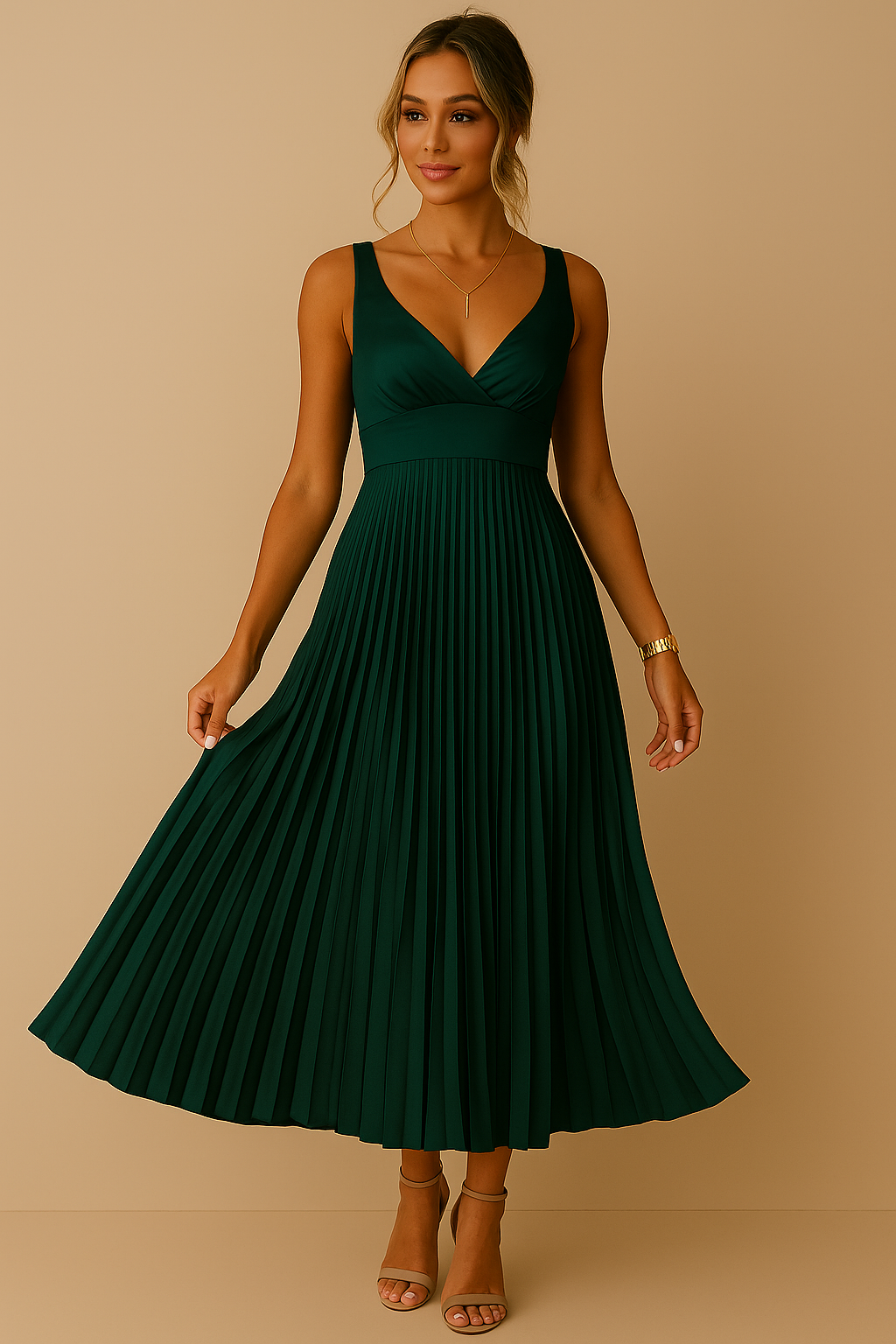 Abito lungo elegante senza maniche con scollo a V da donna - Abito da sera leggero con schiena scoperta e plissettato per eventi formali