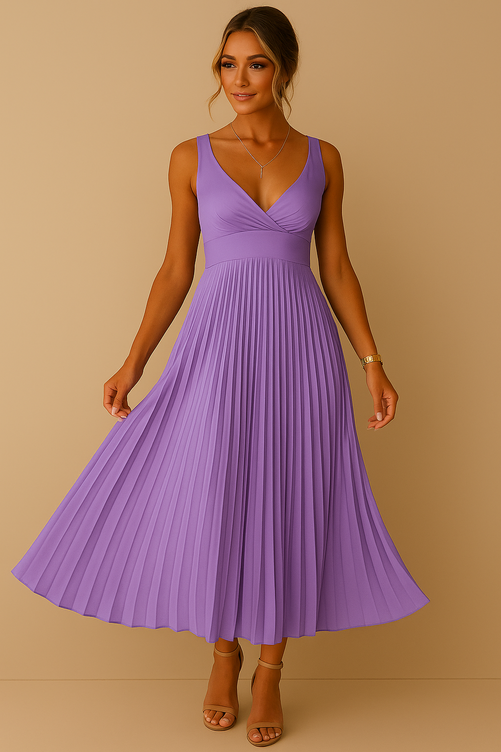 Abito lungo elegante senza maniche con scollo a V da donna - Abito da sera leggero con schiena scoperta e plissettato per eventi formali