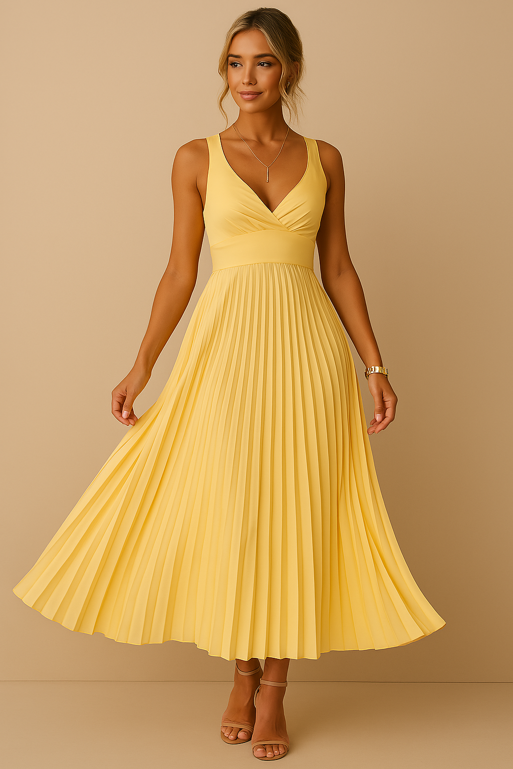 Abito lungo elegante senza maniche con scollo a V da donna - Abito da sera leggero con schiena scoperta e plissettato per eventi formali