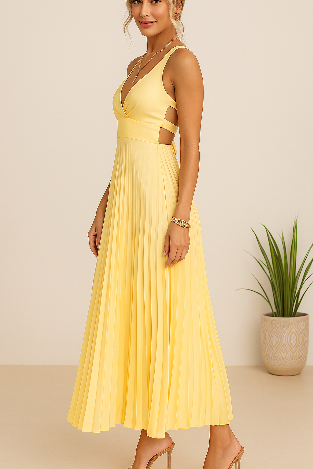 Abito lungo elegante senza maniche con scollo a V da donna - Abito da sera leggero con schiena scoperta e plissettato per eventi formali